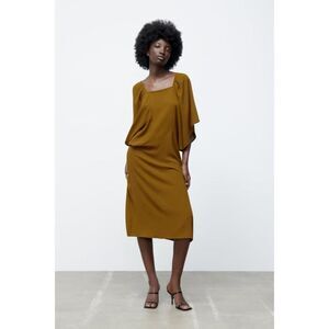 Mustard Olive Zara Boho Flutter Sleeve Lined Midi Dress (NWT)
